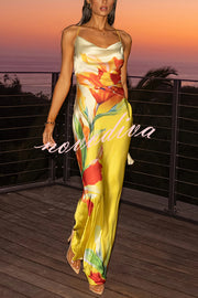 Luisa Satin Floral Print Cowl Neck Sexy Open Back Tie-up Maxi Dress
