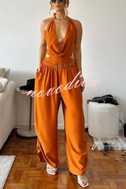 Alessia Cutout Waist Back Tie-up Pocket Halter Harem Jumpsuit