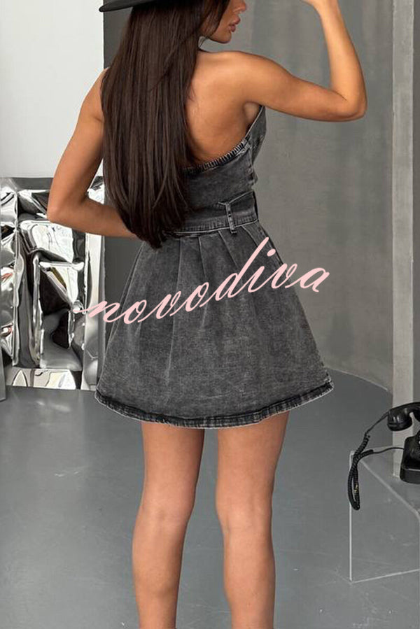 Fashionable Halterneck Open-back Belted Denim Mini Dress