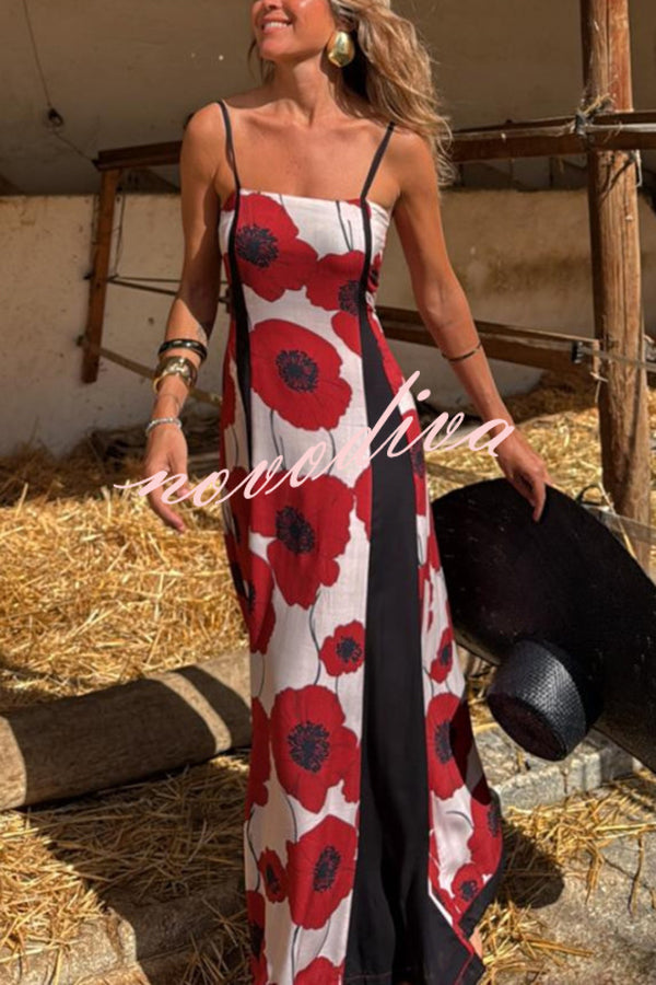 Floral Print Suspenders Paneled Back Pleated Maxi Dress