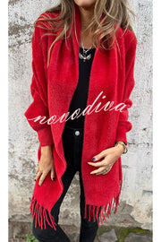 Warm Corner Knit Plush Tassel Trim Relaxed Shawl Cardigan