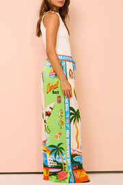 Kissed By The Sun Satin Unique Print Colorblock Elastic Waist Pocketed Wide Leg Pants