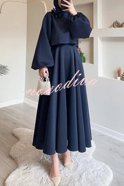 Solid Color Flower-embellished Lantern Sleeve Loose Top and Casual Maxi Skirt Set