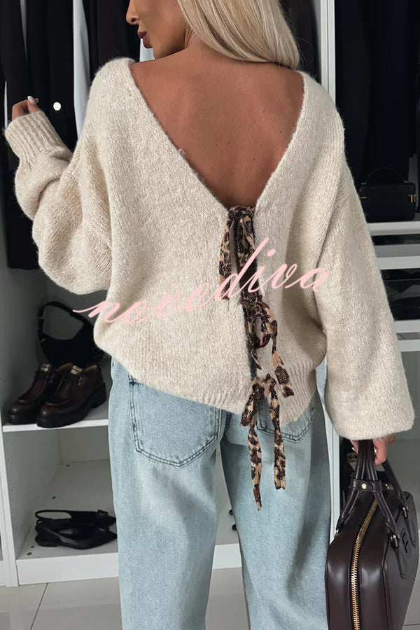 Fashionable Charm Knit Back Leopard Print Bow Tie-up Relaxed Sweater