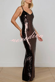 Dazzling Like Flowing Water Sequin V-neck Back Zipper Slit Maxi Dress