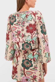 Autumn Garden Printed V-neck Long Bell Sleeve Top and Mid Rise Skirt Set