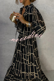 Unique Printed V-neck Tie-up Waist Long-sleeve Maxi Dress