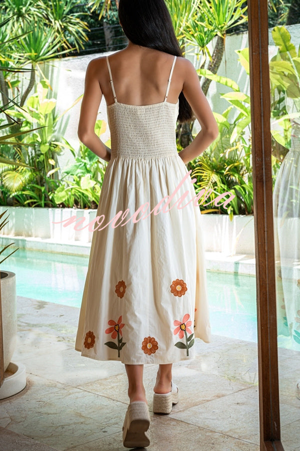 Embroidered Printed Suspenders Pleated Holiday Midi Dress