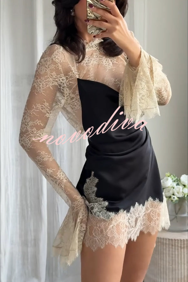 Gothic Romantic Lace Satin Patchwork High Neck Bell Sleeve Loose Mini Dress