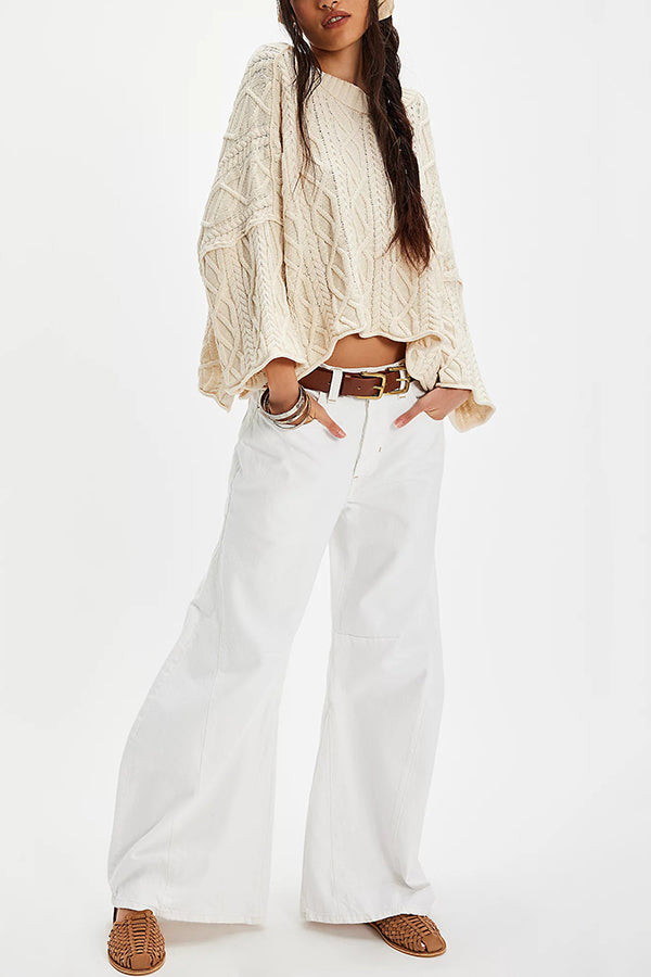 Solid Color Loose-fitting Crew Neck Short Knit Sweater