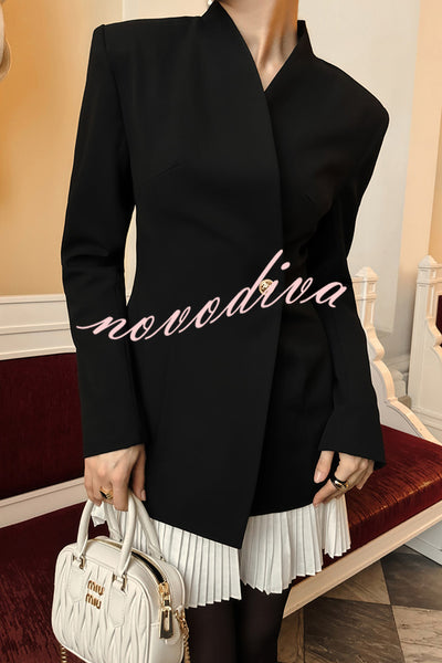 Fashionable Contrast Color Elegant Long Sleeve Pleated Suit Mini Dress