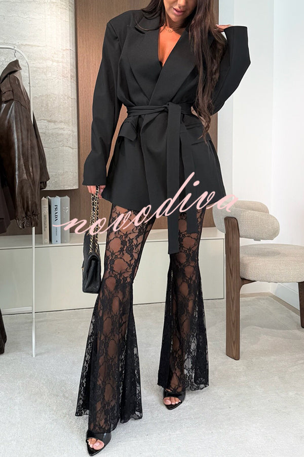 Chic Moment Lapel Long Sleeve Belt Pocketed Oversized Blazer