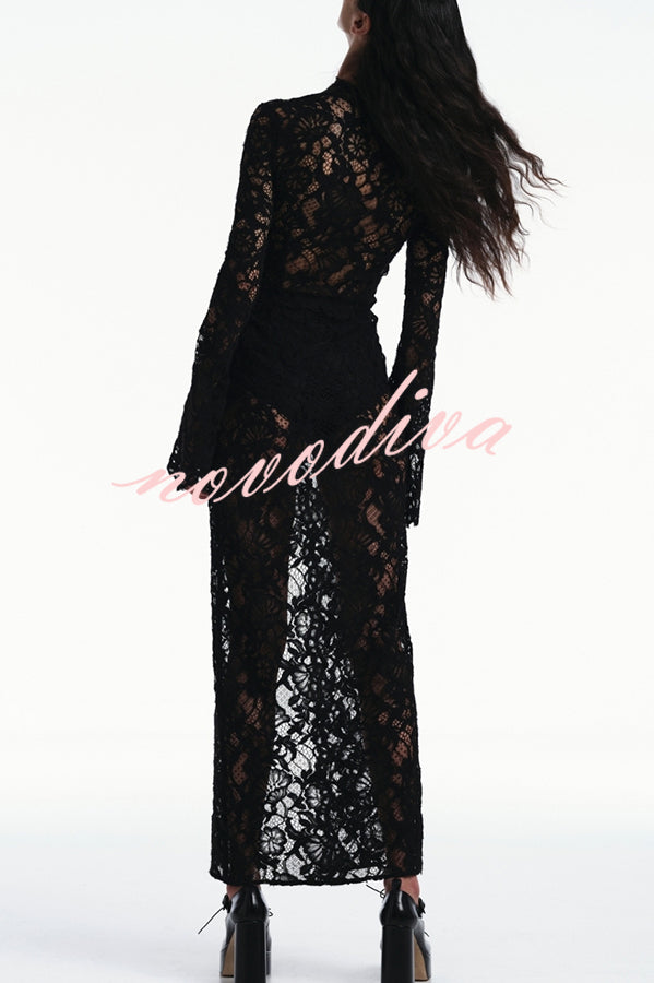 Garcelle Floral Lace Lace-up Long Bell Sleeve Slit Midi Dress