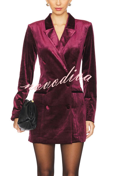 Holiday Soiree Solid Color Velvet Lapel Long Sleeve Blazer Mini Dress