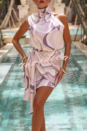 Harper Swirl Print High Drape Neck Wrap Tie-up Mini Dress