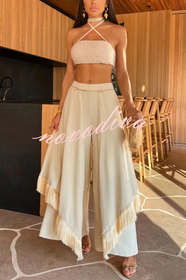 Sexy Lace-Up Bandeau Top and Irregular Tassel Pants Set