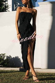 Sexy Halter Backless Slim Fit High Slit Ruffled Midi Dress
