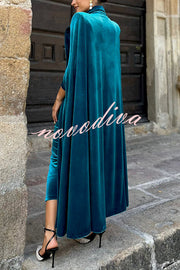 Olivienne Luxurious Velvet Padded Shoulders Slit Sleeve Lapel Midi Cape