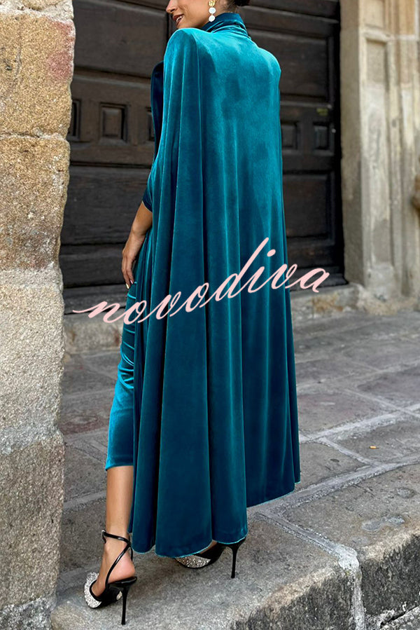 Olivienne Luxurious Velvet Padded Shoulders Slit Sleeve Lapel Midi Cape