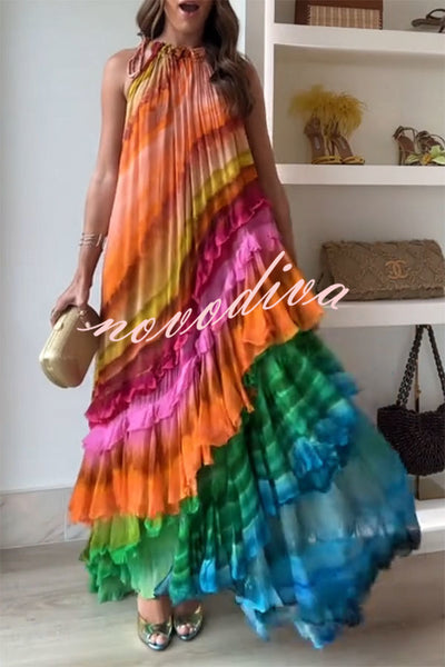 Rosha Georgette Crepe Tie-dye Print Layered Ruffles A-line Maxi Dress