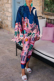 Seaside Stroll Satin Unique Print Button Up Long Sleeve Slit Kaftan Midi Dress