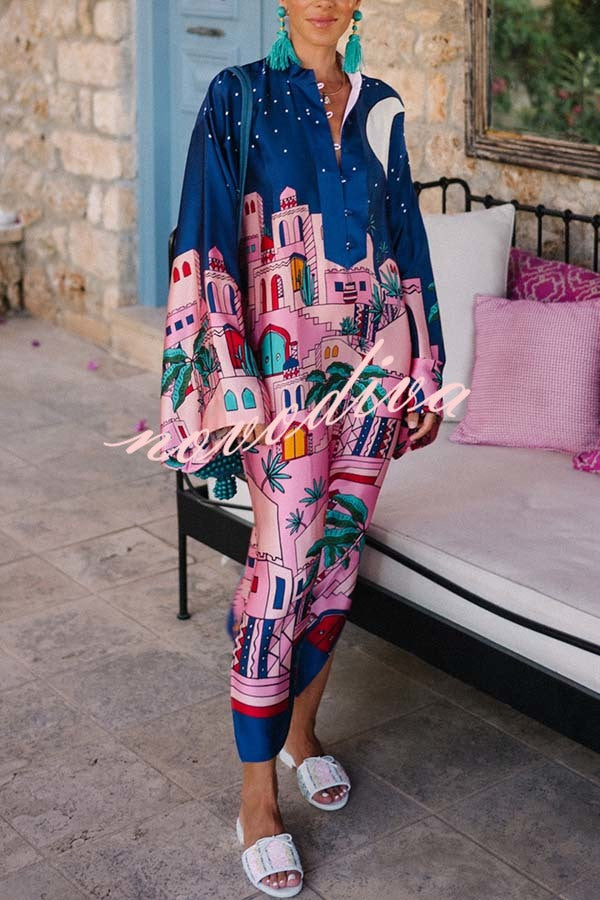 Seaside Stroll Satin Unique Print Button Up Long Sleeve Slit Kaftan Midi Dress