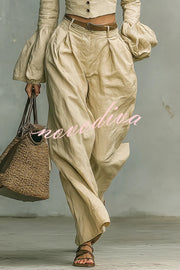 Linen-blend Long-sleeved Button-down Top and Relaxed-pocket Wide-leg Pants Set