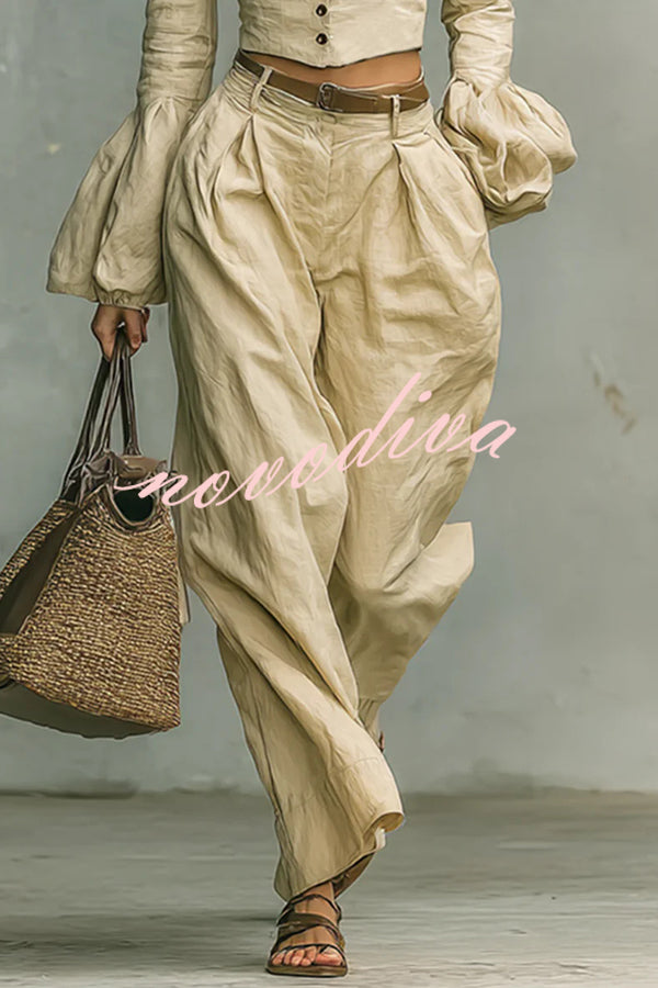 Linen-blend Long-sleeved Button-down Top and Relaxed-pocket Wide-leg Pants Set