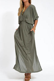 Ultimate Comfort Elastic Waist Half Sleeve Pocketed Slit Maxi Dress