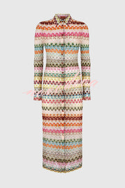 Anna Knit Colorful Herringbone Print Shirt Neck Button Long Sleeve Slim-fit Long Cardigan