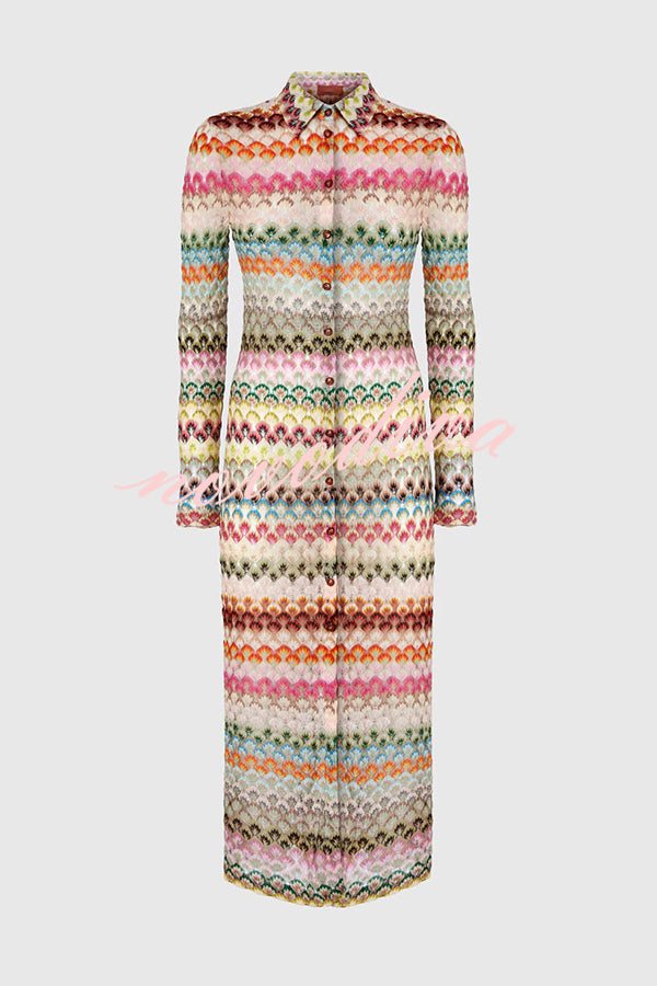 Anna Knit Colorful Herringbone Print Shirt Neck Button Long Sleeve Slim-fit Long Cardigan