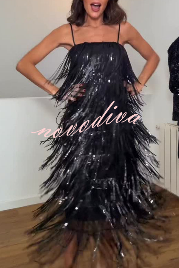 Chic Celebration Layered Sequined Tassels Slip Strapless H-line Midi Dress