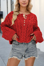 Solid Color Loose Long-sleeved Openwork Cable Knit Sweater