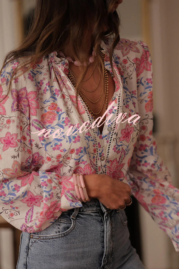 Floral Print Long-Sleeved Button-Up Elegant Shirt