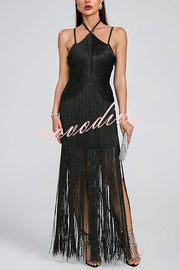 Sexy Halterneck Open Back Elegant Tassel Slim Maxi Dress