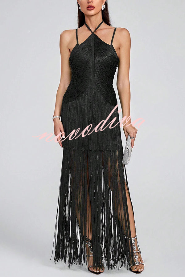 Sexy Halterneck Open Back Elegant Tassel Slim Maxi Dress