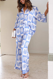 Ocean Legend Satin Shell Print Button Up Shirt and Elastic Waist Pants Set