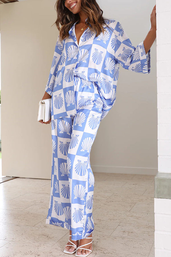 Ocean Legend Satin Shell Print Button Up Shirt and Elastic Waist Pants Set