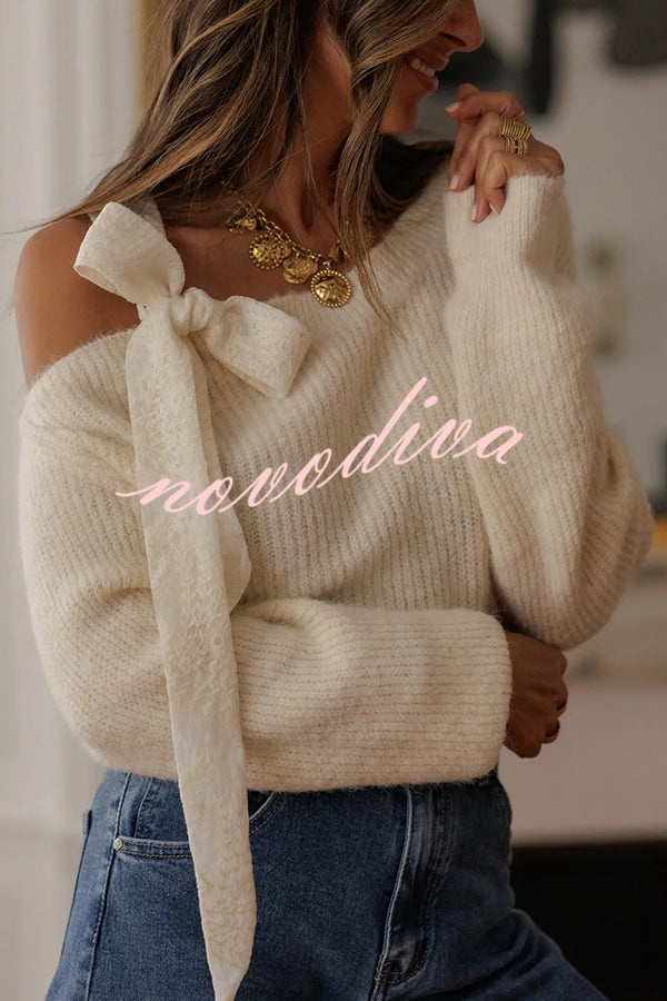 Solid Color Bow Tie Long-sleeved Casual Knit Sweater