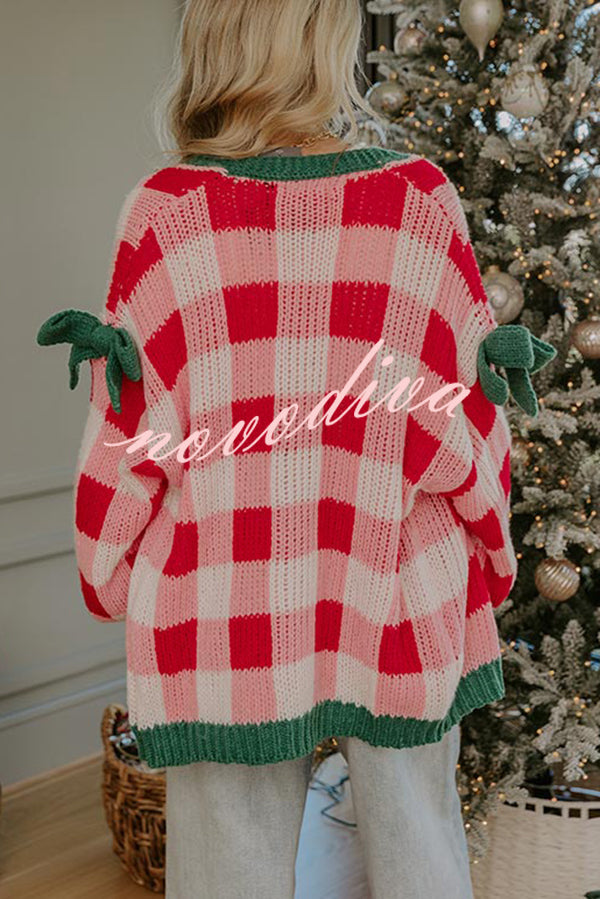 Holiday Cozy Checkered Knit Color-blocked Plaid Bow Long-sleeved Cardigan