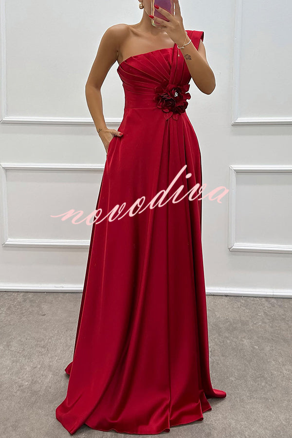 Nasha Satin Pleated One Shoulder Petal Gemstone Detail Pocket Slit Maxi Dress