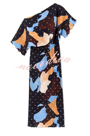 Mara Pleated Fabric Metallic Speckled Color Block Print One Shoulder Maxi Dress