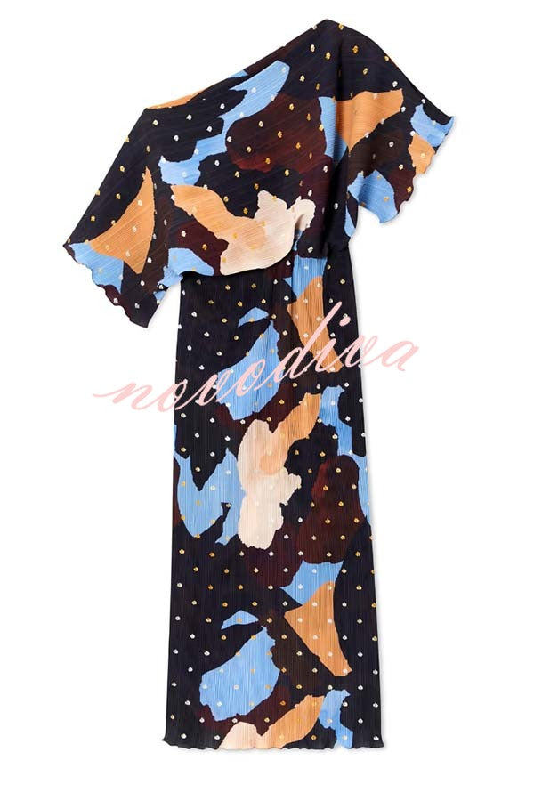 Mara Pleated Fabric Metallic Speckled Color Block Print One Shoulder Maxi Dress
