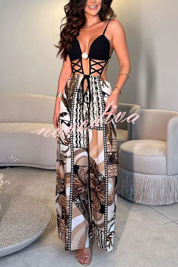 Tulum Dreaming Strap Cross Design Patchwork Printed Elastic Waist Backless Jumpsuit