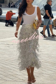 Evening Charm Layered Sequined Tassels High Rise Back Zipper Slit Midi Skirt