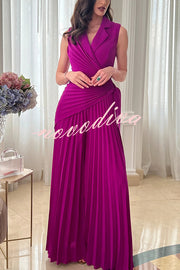 Solid Color Lapel Sleeveless Waist Tie Pleated Wide-leg Jumpsuit