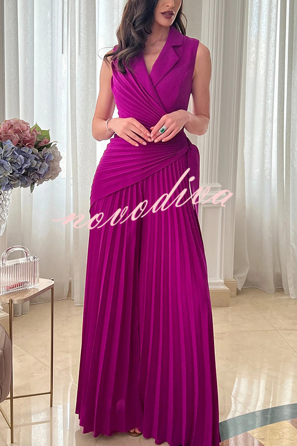 Solid Color Lapel Sleeveless Waist Tie Pleated Wide-leg Jumpsuit