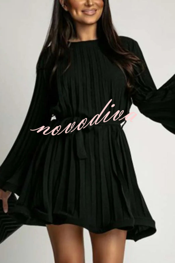 Fashion Bell Sleeve Loose Waist Tie Pleated Mini Dress