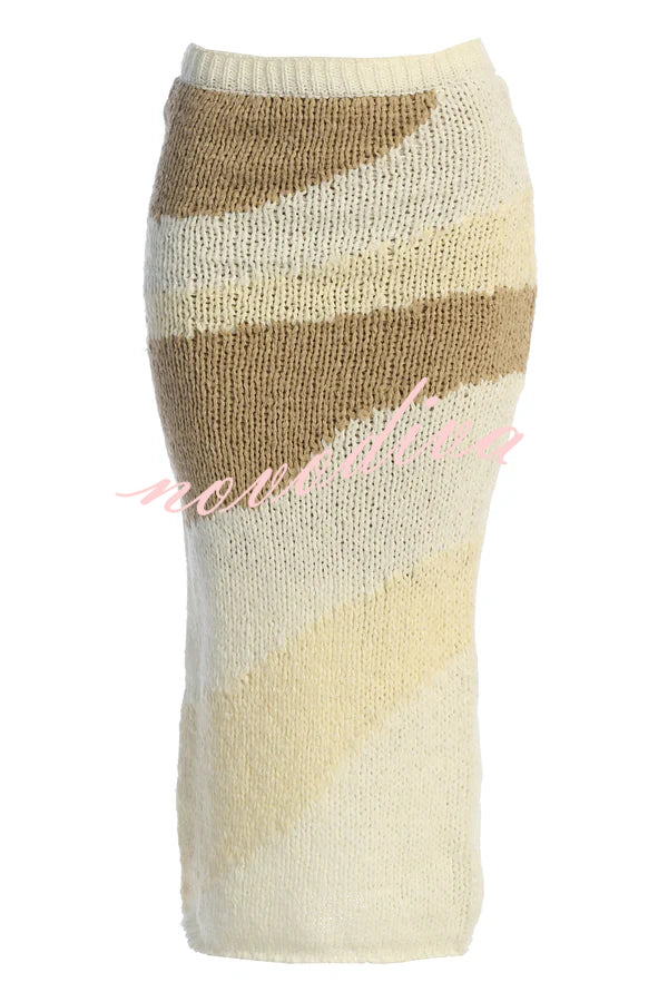 Soft Autumn Knit Colorblock High Rise Elastic Waistband Stretch Midi Skirt
