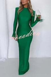 Solid Color Round Neck Ostrich Feather Long Sleeve Slim Maxi Dress